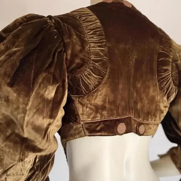 Vintage 1910's VICTORIAN EDWARDIAN Cocoa Brown VELVET FLORAL PUFF Sleeve Jacket - Picture 6 of 8